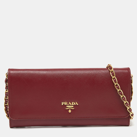 Prada Handbags - PRADA Dark Red Saffiano Metal Leather Wallet On Chain